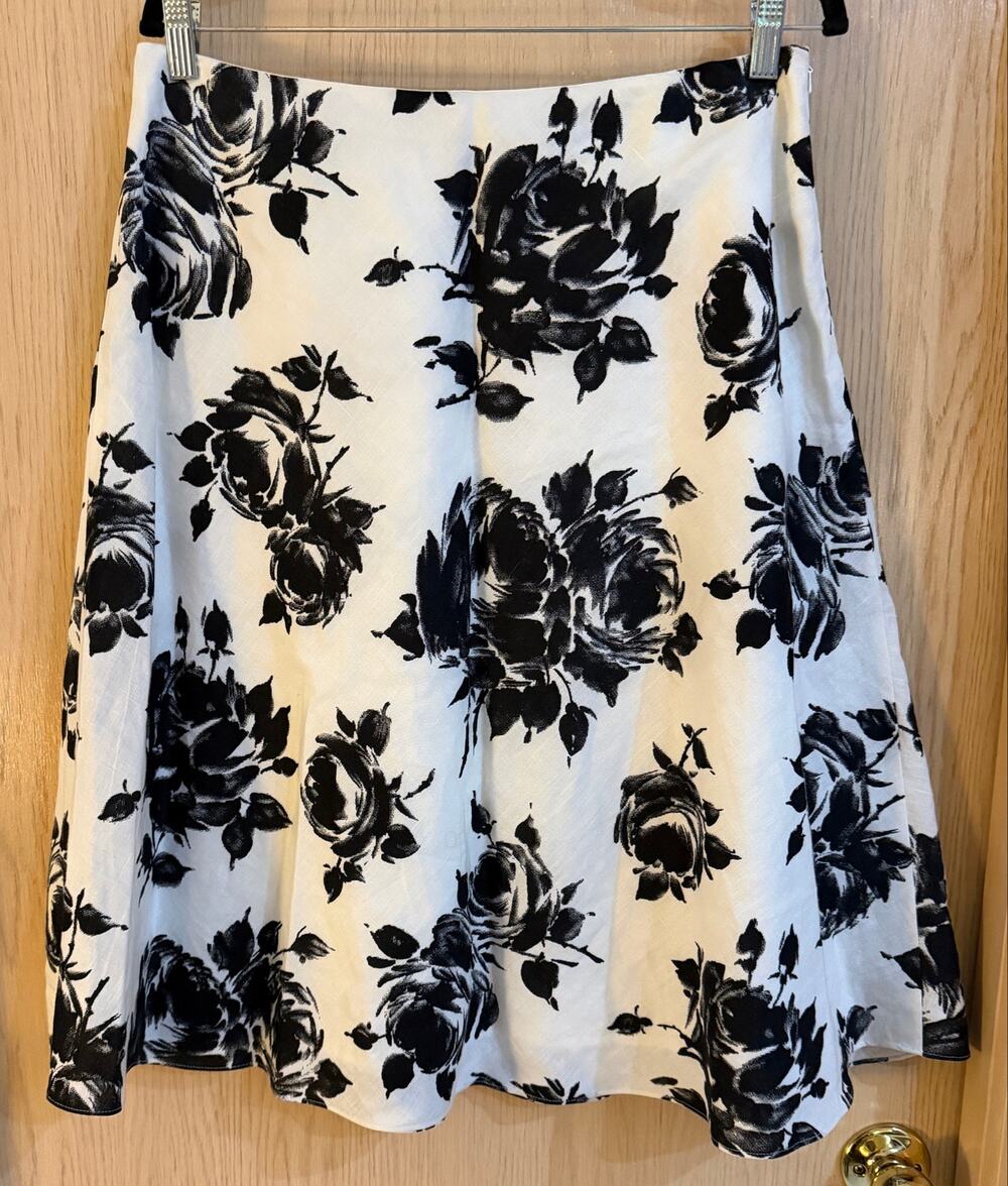 Talbots Black White Rose Floral 100% Linen A-Line Midi Skirt Size 14